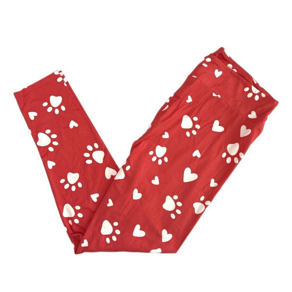 NEW OS LuLaRoe Leggings Paw Print Coral Pink Red White Animal Dog‎ Pet Stretch